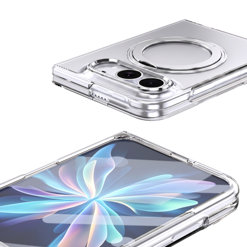 Axon M1 iPhone Duo clear case with silver MagSafe ring seat and silver camera bezel, shown with a patterned iridescent floral case