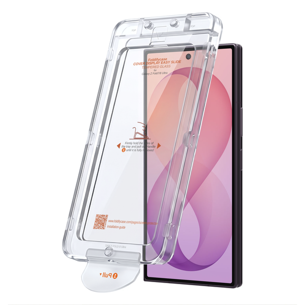 Ion Glass tempered screen protector for Galaxy Z Fold 8 Ultra - Easy Slide dust-free installation tray in front of a Galaxy Z Fold8 Ultra in Violet Shadow