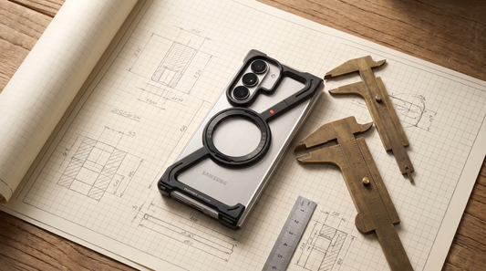 FoldifyCase Halo M1 metal bumper case on cream blueprint engineering paper with antique brass calipers and a steel ruler — measurement study hero for the Galaxy Z Wide Fold vs Z Fold 8 Wide same-phone question