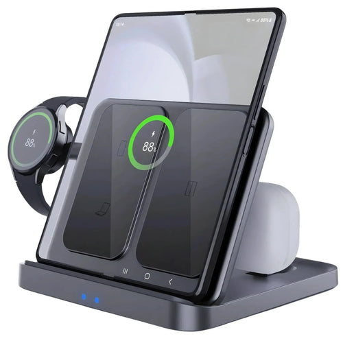 FoldifyCase Foldable 3-in-1 Wireless Charging Station with phone earbuds and watch charging pads compact folded profile