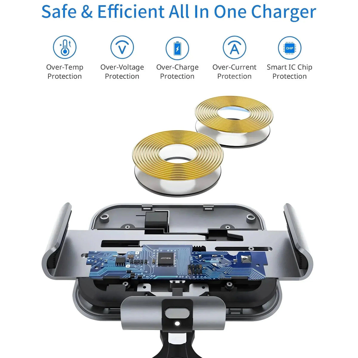 Disassembled all-in-one wireless charger showing circuit board, gold coils, and protection features icons