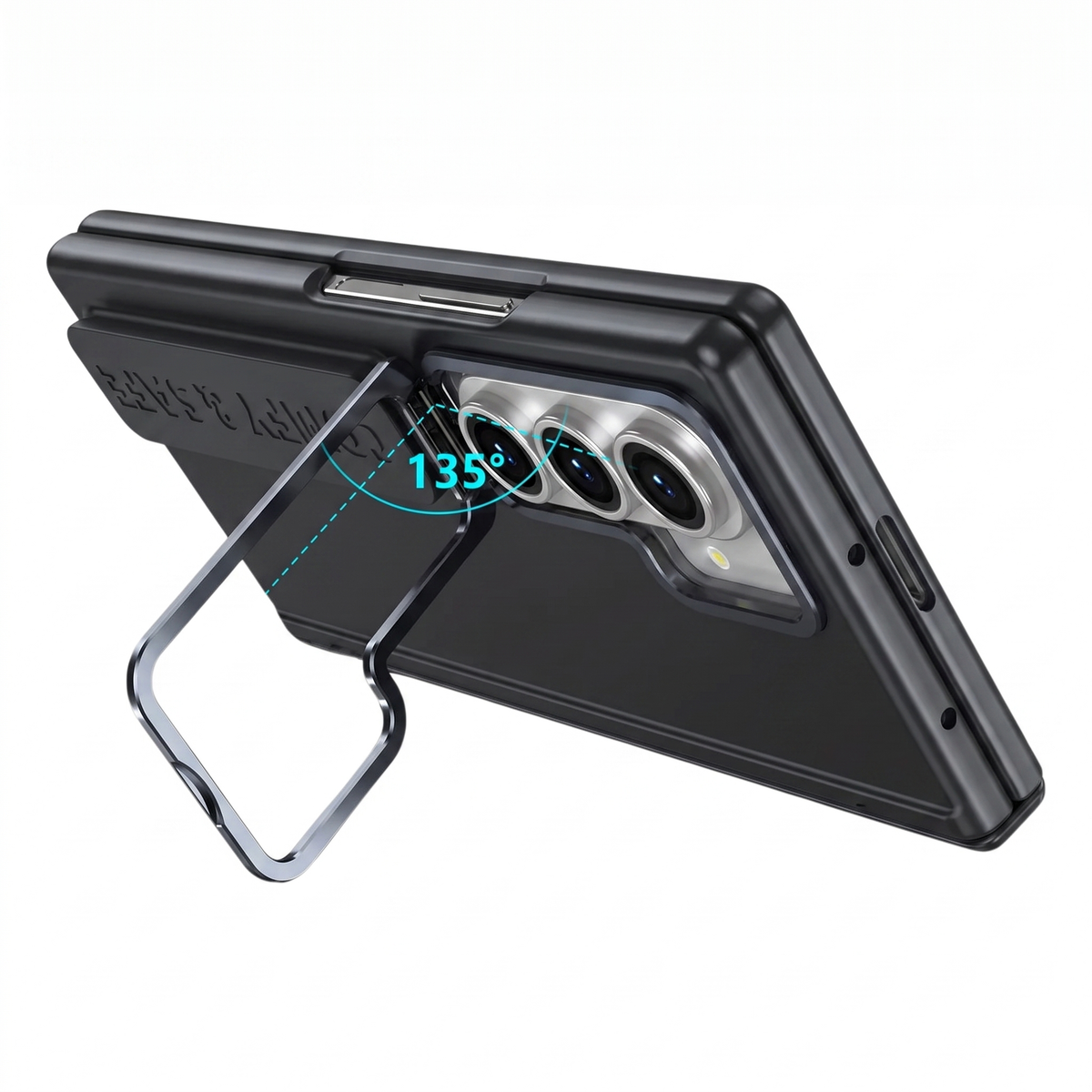 Aegis H1 Galaxy Z Fold case in Black with built-in metal kickstand open at 135 degrees