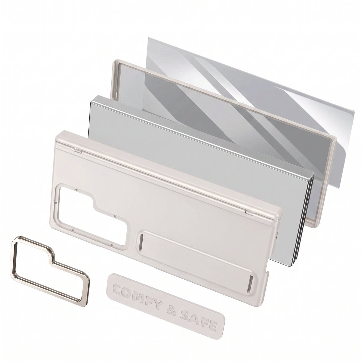 Aegis H1 Galaxy Z Fold case components in Apricot - back shell, hinge cover, kickstand strap, camera bezel and screen protector