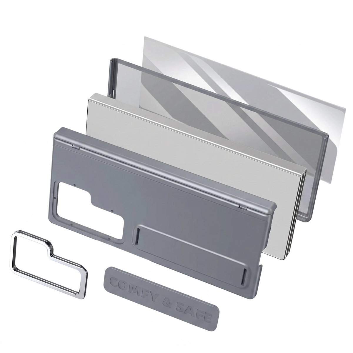 Aegis H1 Galaxy Z Fold case components in Gray - back shell, hinge cover, kickstand strap, camera bezel and screen protector