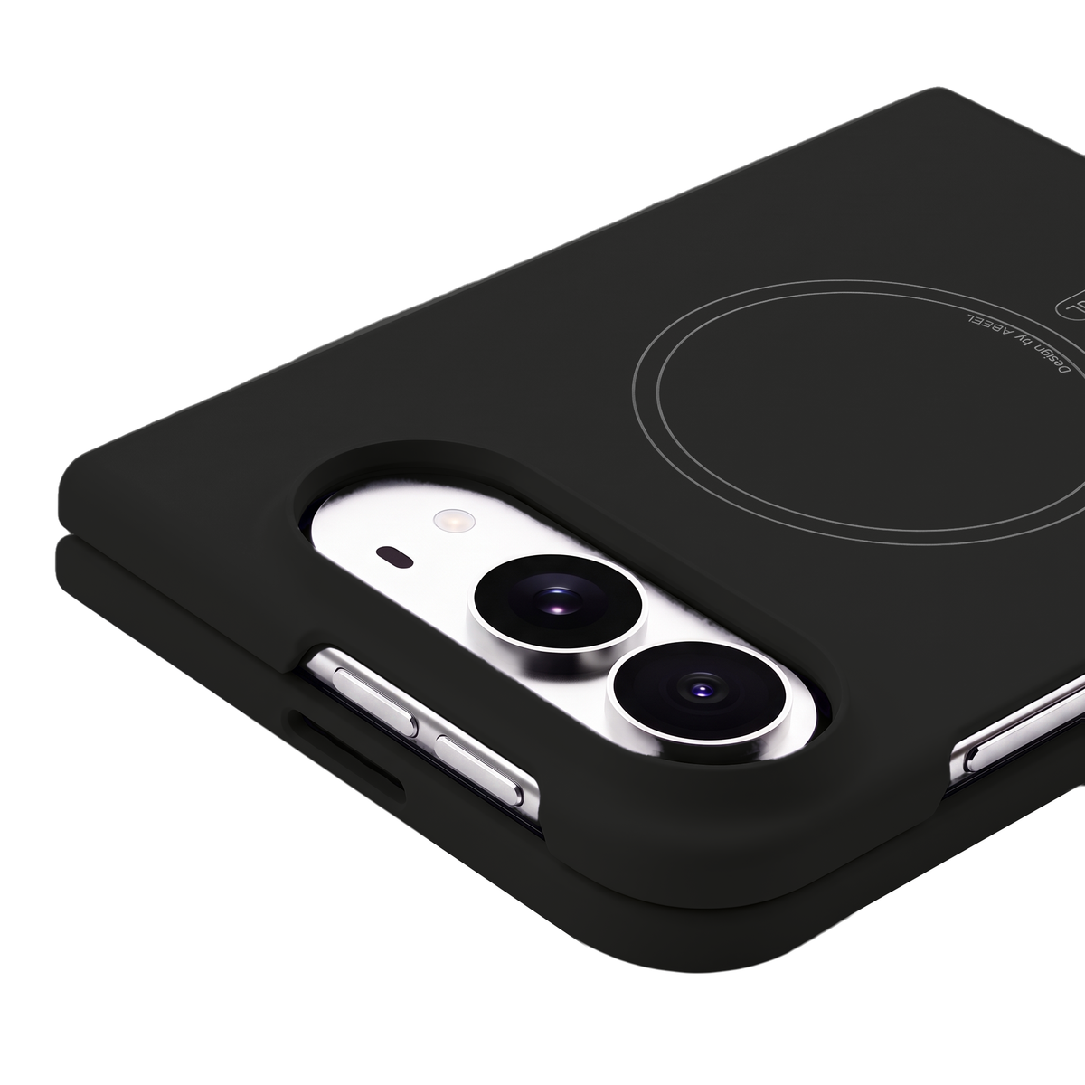 Apex M3 iPhone Duo case in Black, close-up of the raised camera surround and side buttons