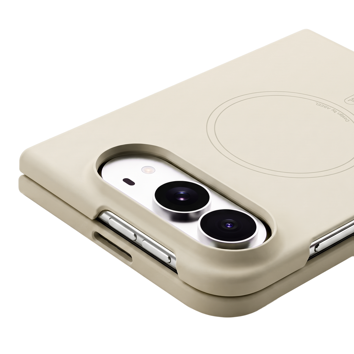 Apex M3 iPhone Duo case in Custard, close-up of the raised camera surround and side buttons