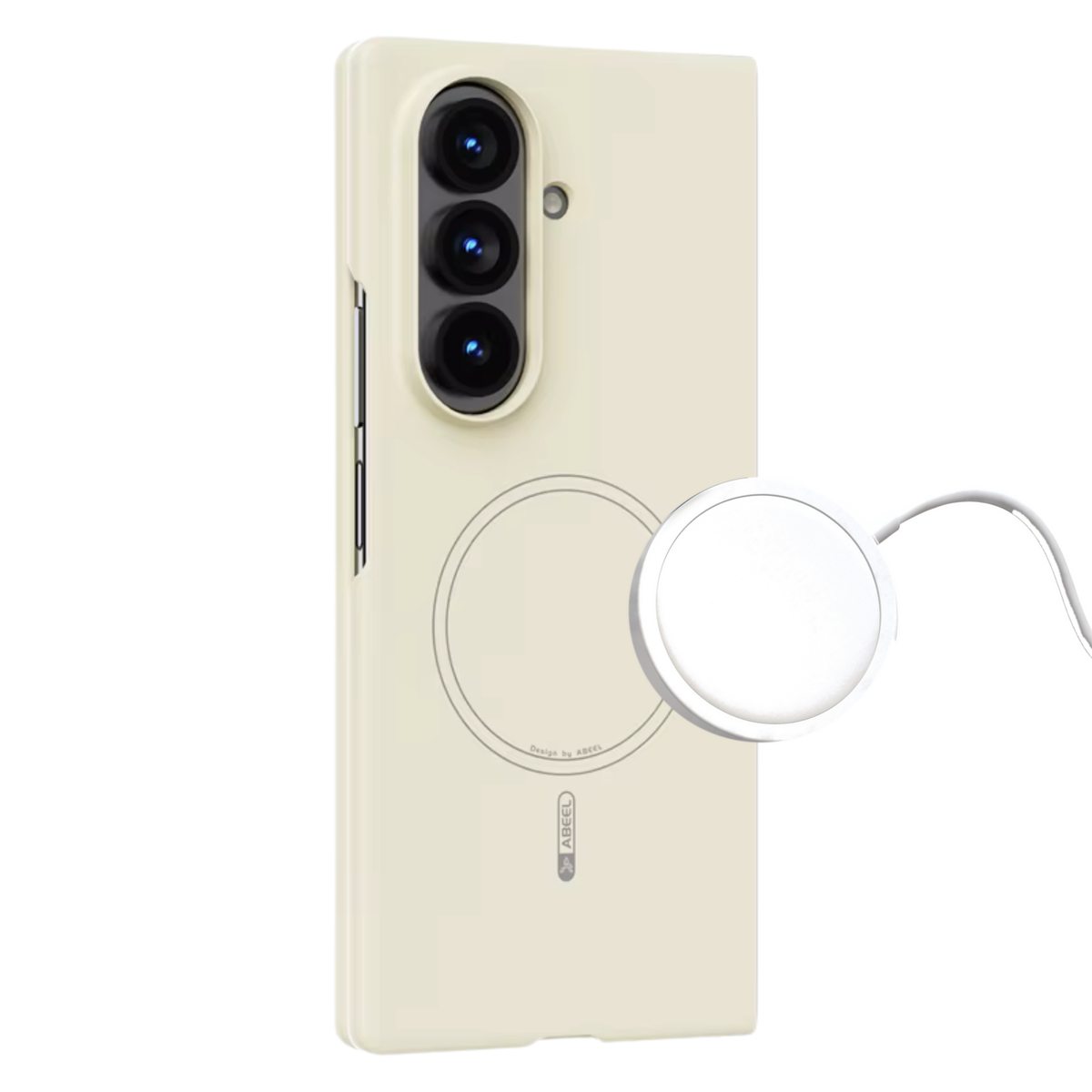 Cream Apex M3 case with MagSafe charger floating beside the magnet ring