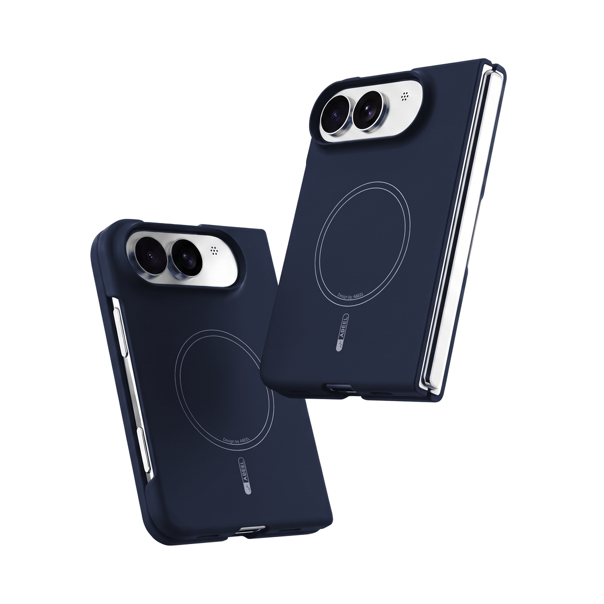 Two Apex M3 iPhone Duo cases in Navy Blue floating on white