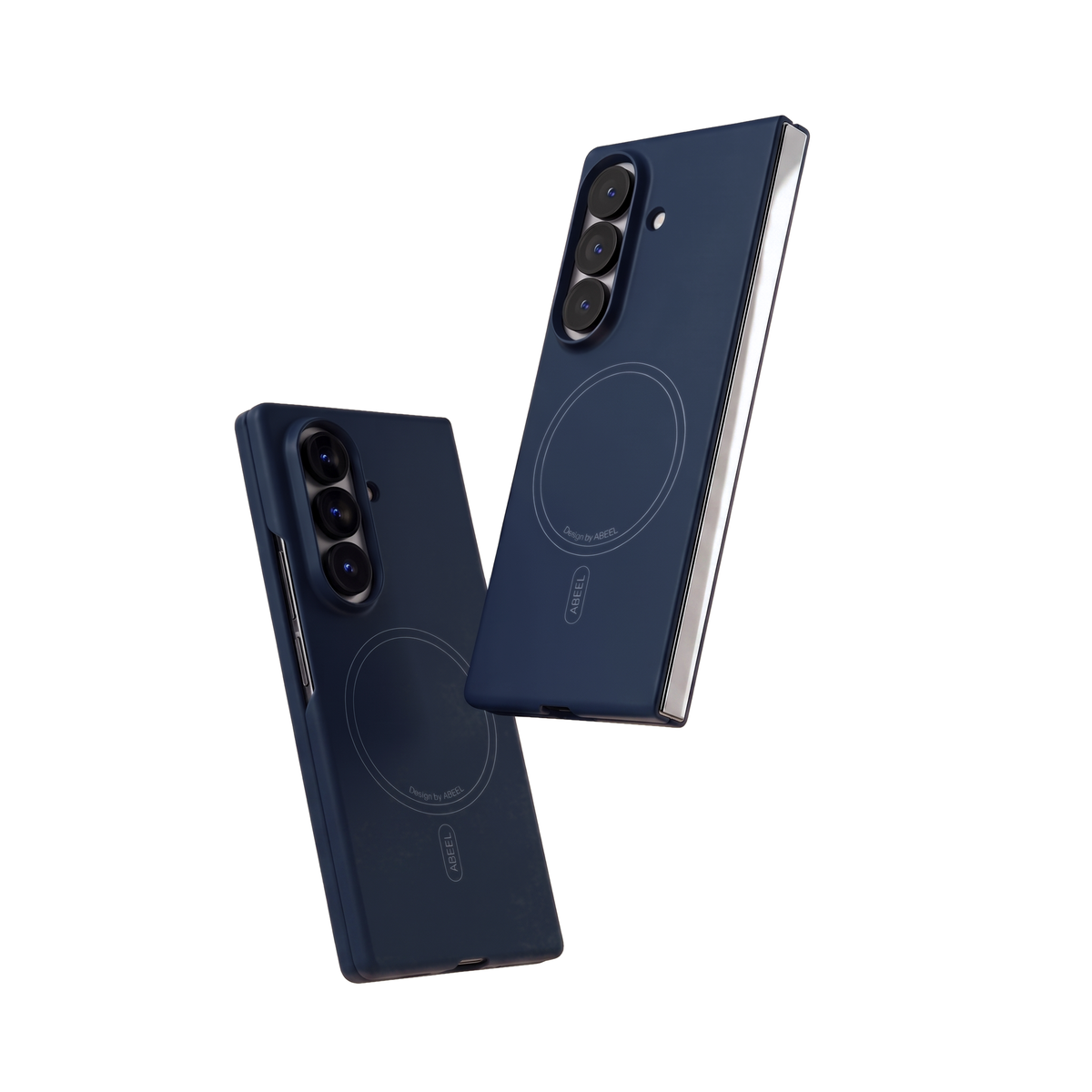 Two Apex M3 navy cases for Galaxy Z Fold showing the slim folded profile and magnetic ring