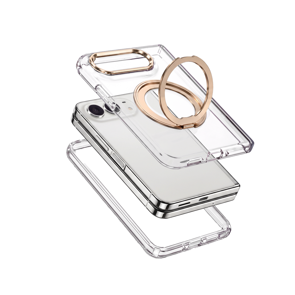 Axon M1 iPhone Fold case - Champagne Gold - exploded view of clear front frame, phone and clear back shell with gold MagSafe ring stand and camera bezel
