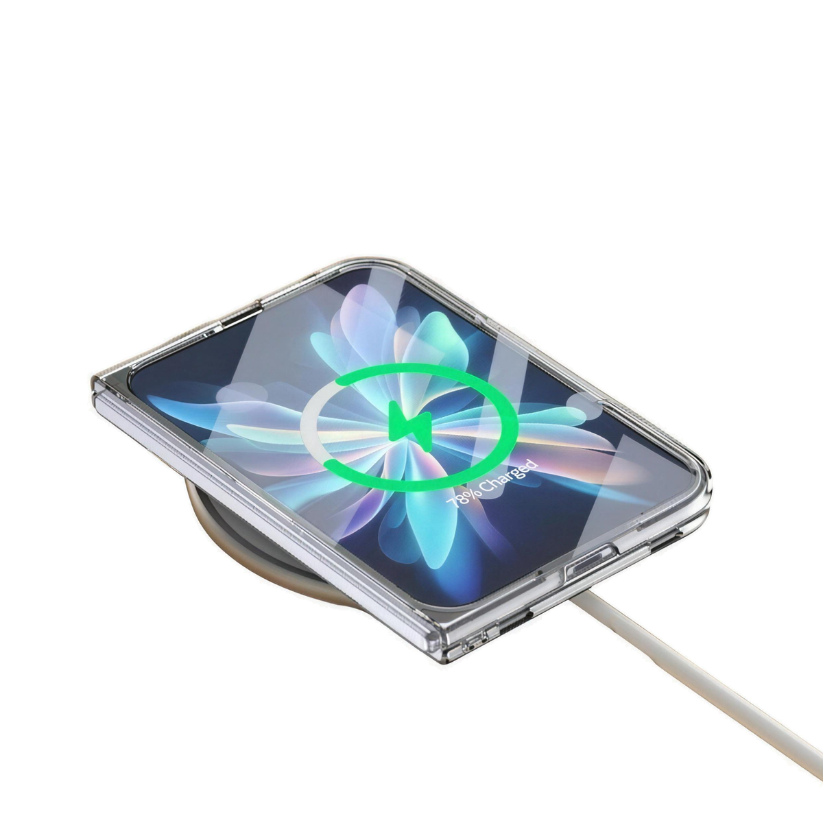 Axon M1 iPhone Fold clear case wireless charging on a Qi pad with the case on