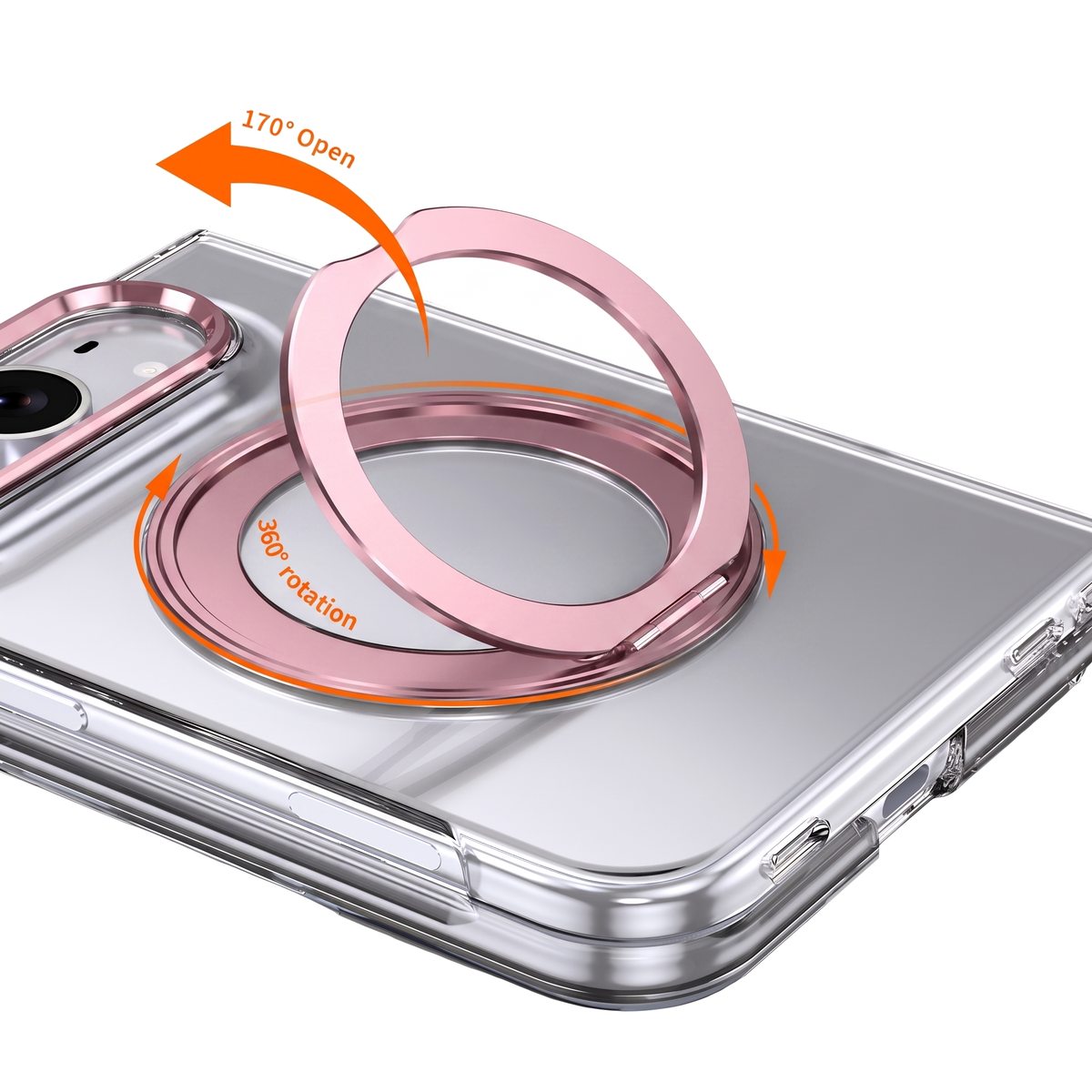 Axon M1 iPhone Fold case 360 degree swivel bracket feature - pink ring stand and pink camera bezel, 170 degree open, 360 degree rotation