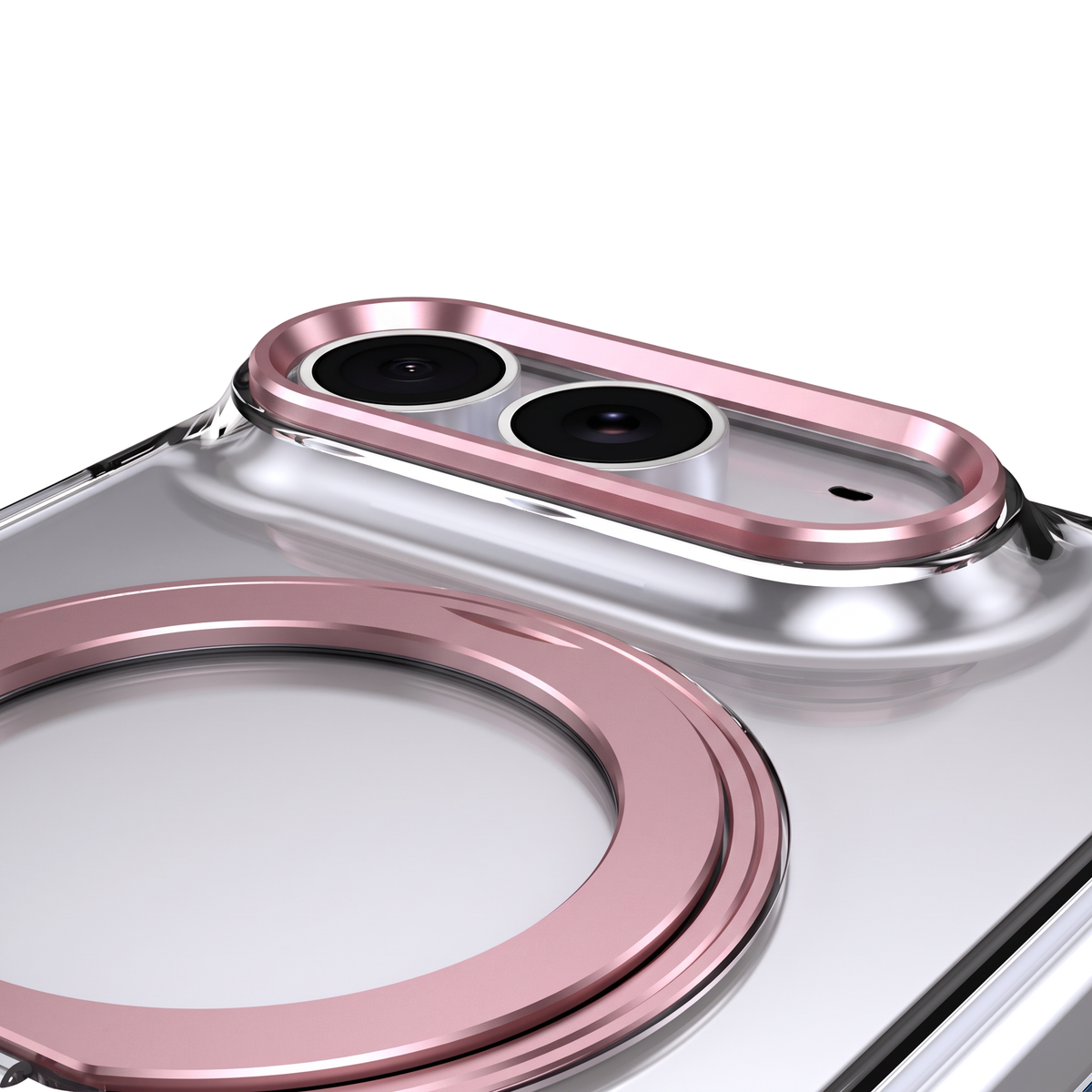 Axon M1 iPhone Fold case close-up - precision camera cutout and MagSafe ring seat with Rose Pink bezel
