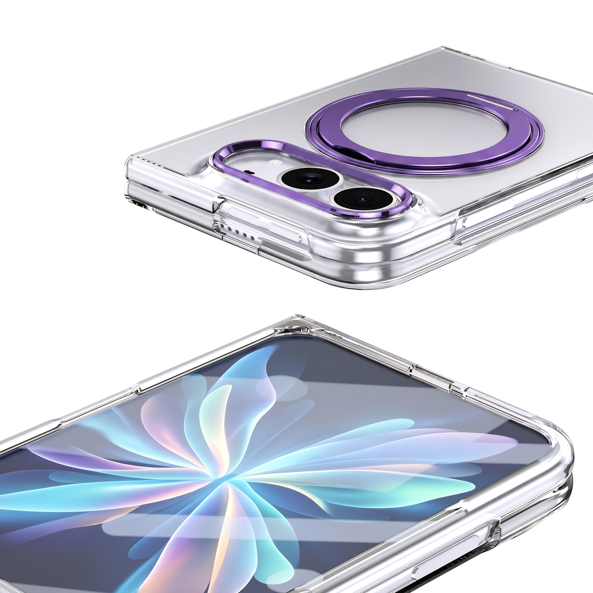 Axon M1 iPhone Fold clear case with purple MagSafe ring seat and purple camera bezel, shown with a patterned iridescent floral case
