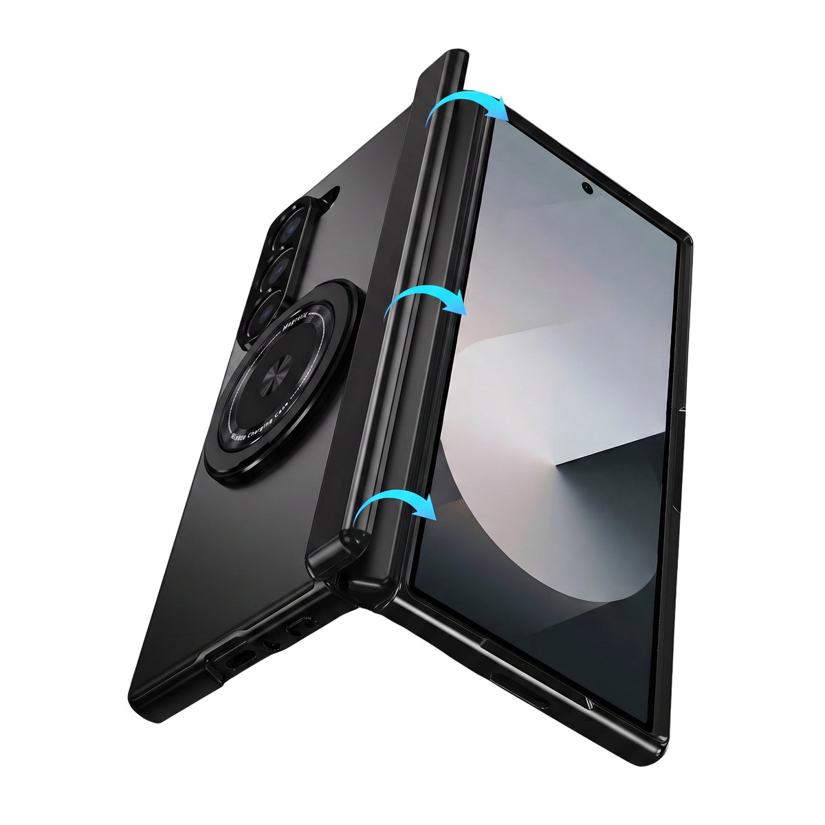 Axon M2 Galaxy Z Fold case half-open showing flexible fold movement - Black