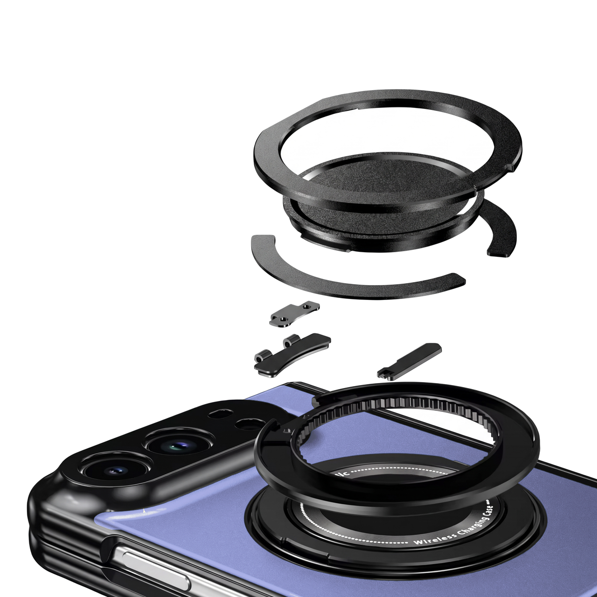 Axon M2 iPhone Fold case magnetic ring stand shown exploded into its parts above the Blue back panel