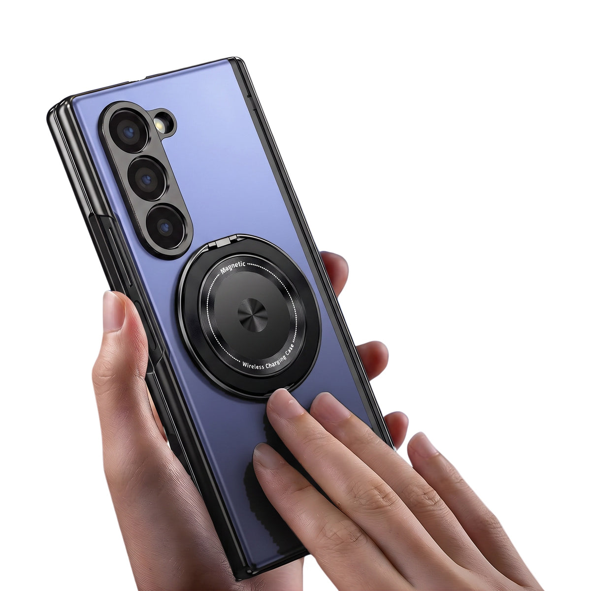 Axon M2 Galaxy Z Fold case held in hand with magnetic ring stand - Blue