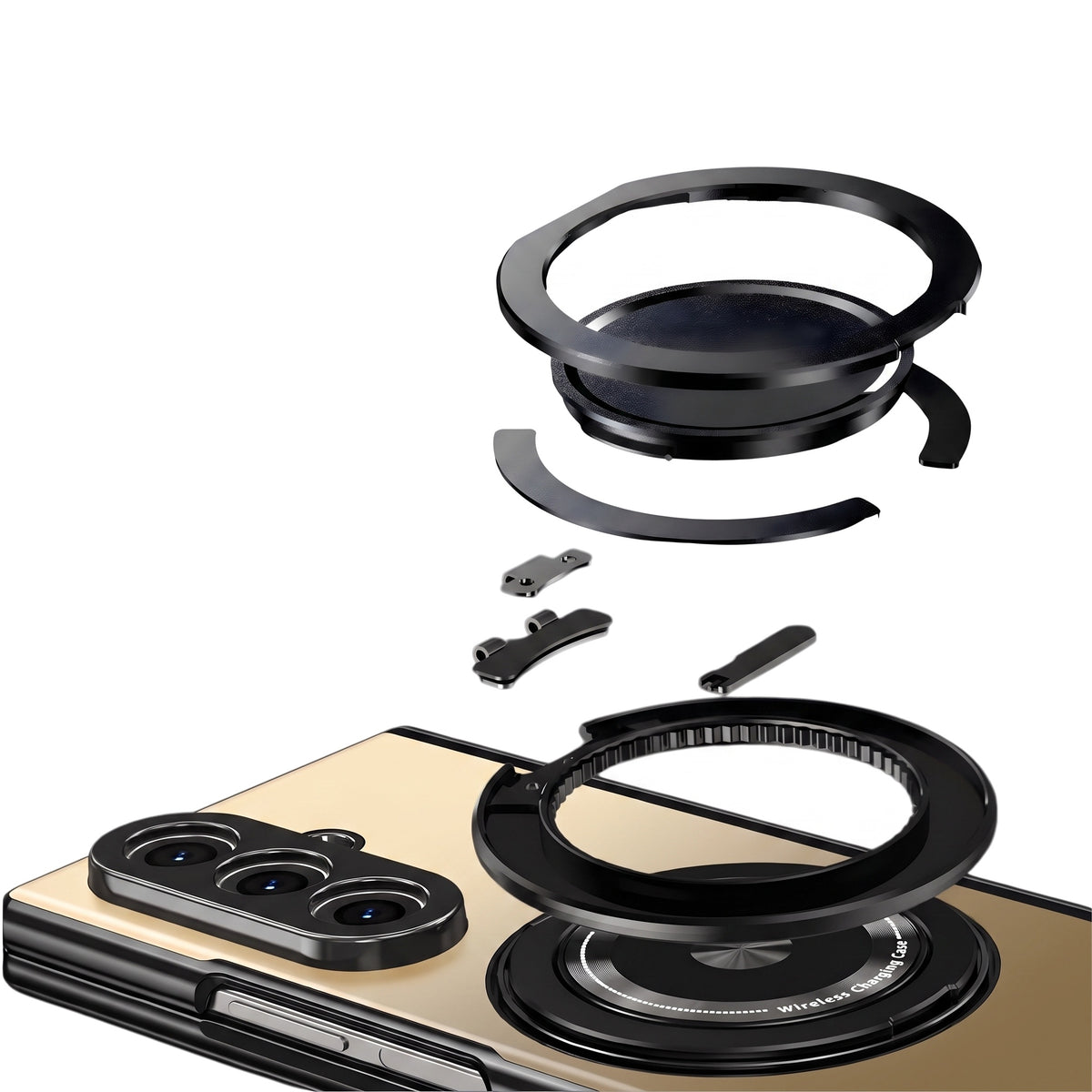 Axon M2 Galaxy Z Fold case exploded view of rotating ring assembly - Gold