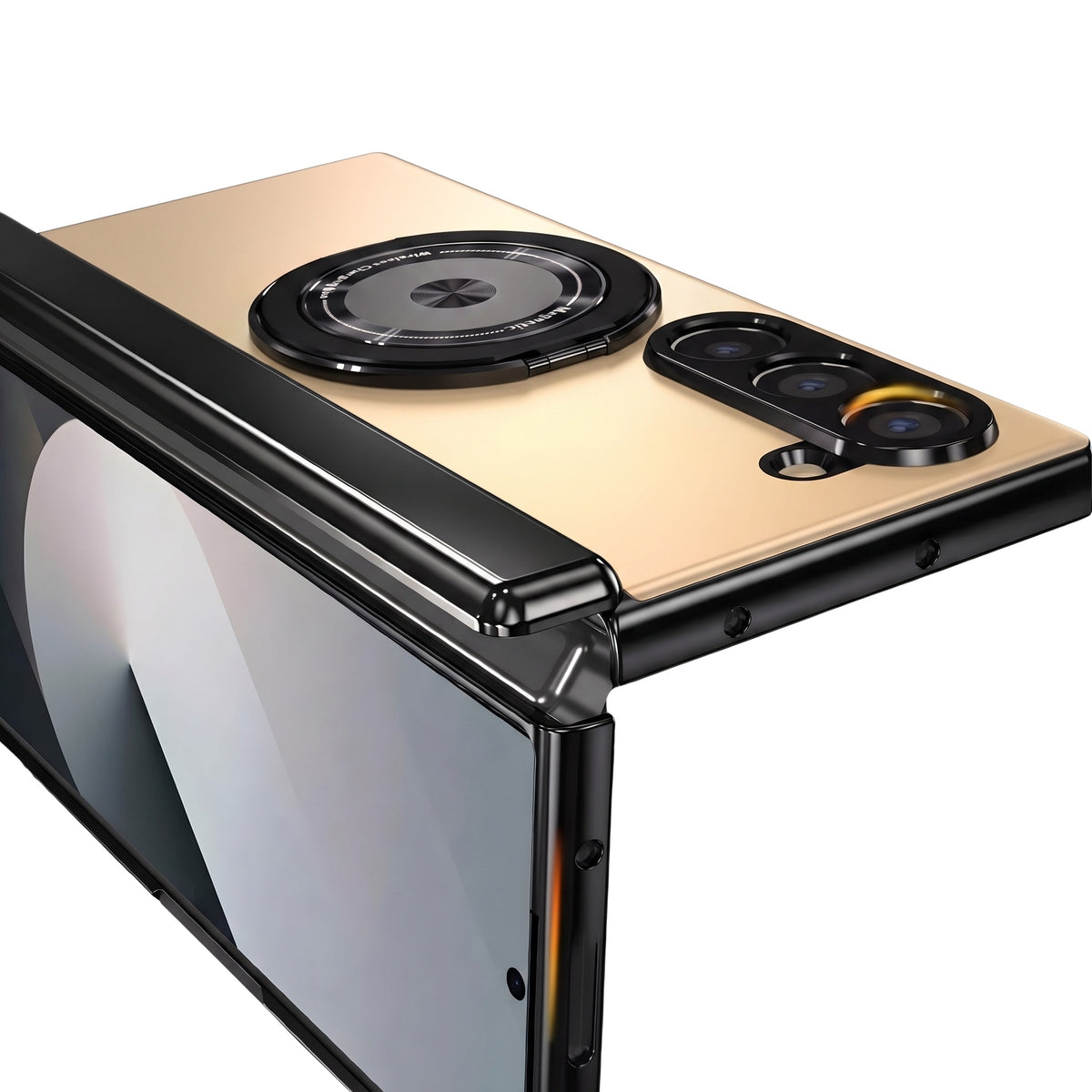 Axon M2 Galaxy Z Fold case corner detail with magnetic wireless charging ring - Gold