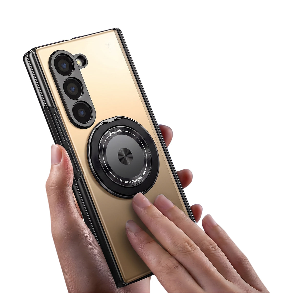 Axon M2 Galaxy Z Fold case held in hand with magnetic ring stand - Gold