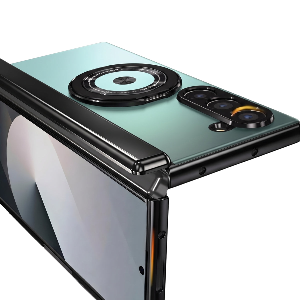 Axon M2 Galaxy Z Fold case corner detail with magnetic wireless charging ring - Green