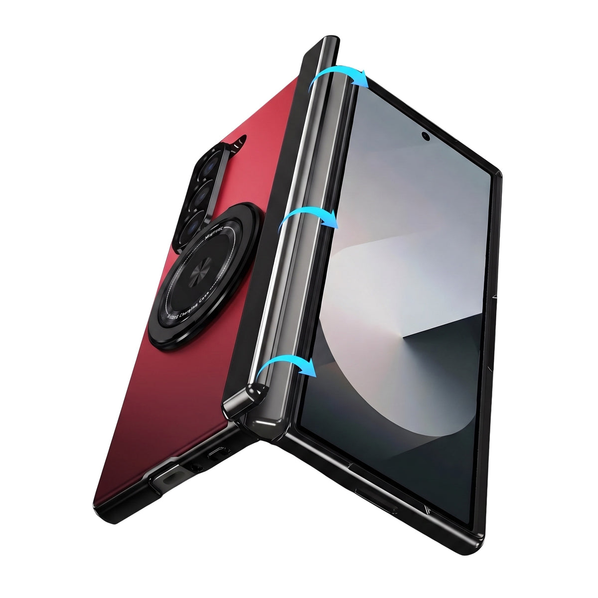 Axon M2 Galaxy Z Fold case half-open showing flexible fold movement - Red