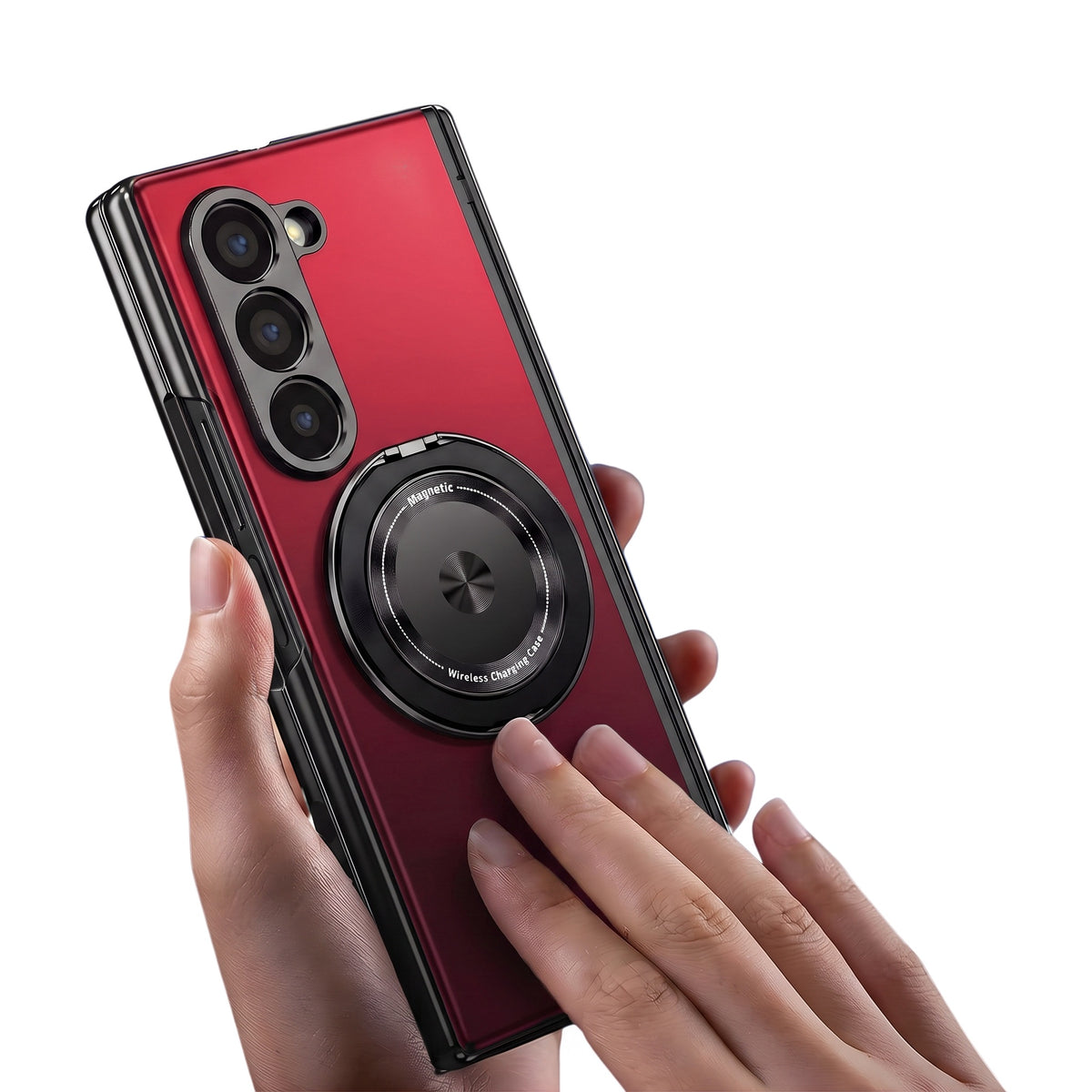 Axon M2 Galaxy Z Fold case held in hand with magnetic ring stand - Red