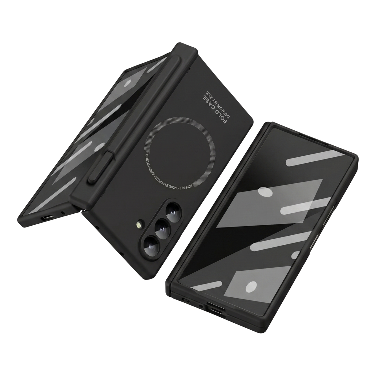 Kinetic P1 Black Z Fold S-Pen hinge case - half-folded standing view showing MagSafe ring, kickstand and screen