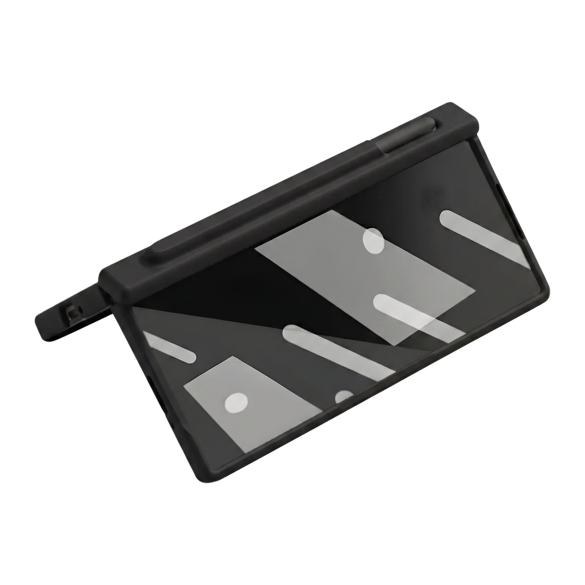 Kinetic P1 Black Z Fold S-Pen hinge case - opened flat showing the screen and hinge-mounted S-Pen holder