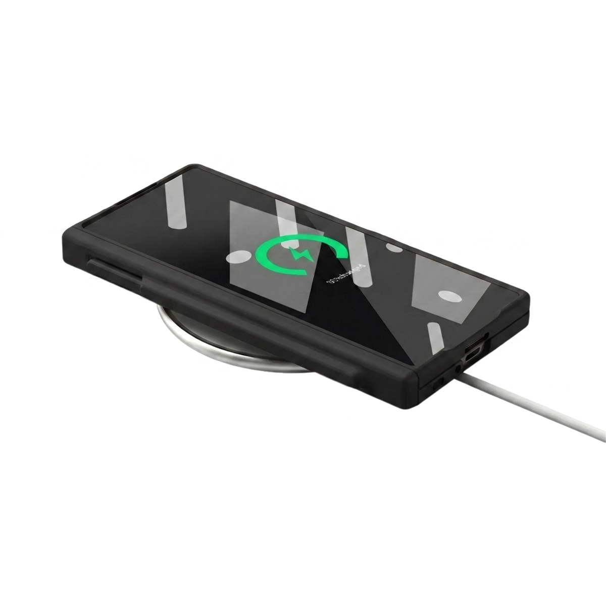 Kinetic P1 Black Z Fold S-Pen hinge case - wireless charging on a Qi pad with the case on