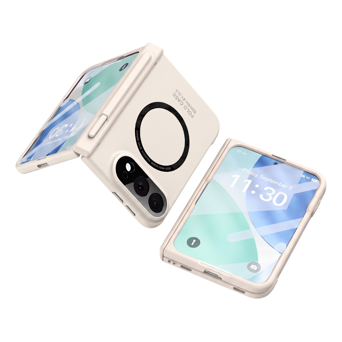 Kinetic P1 iPhone Fold case White - open case with stylus on hinge beside closed case showing cover screen