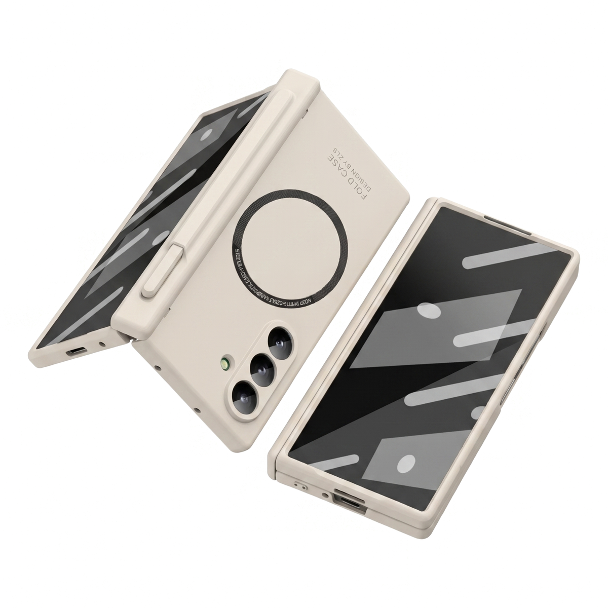 Kinetic P1 Cream Z Fold S-Pen hinge case - half-folded standing view showing MagSafe ring, kickstand and screen