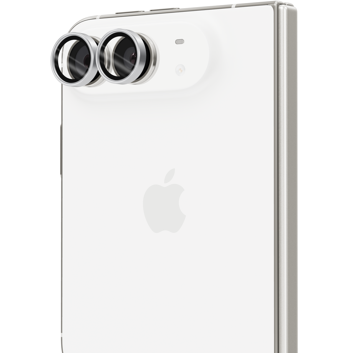 Silver aviation aluminium tempered glass camera lens protector rings for iPhone Duo, shown floating straight out from the iPhone Duo camera lenses