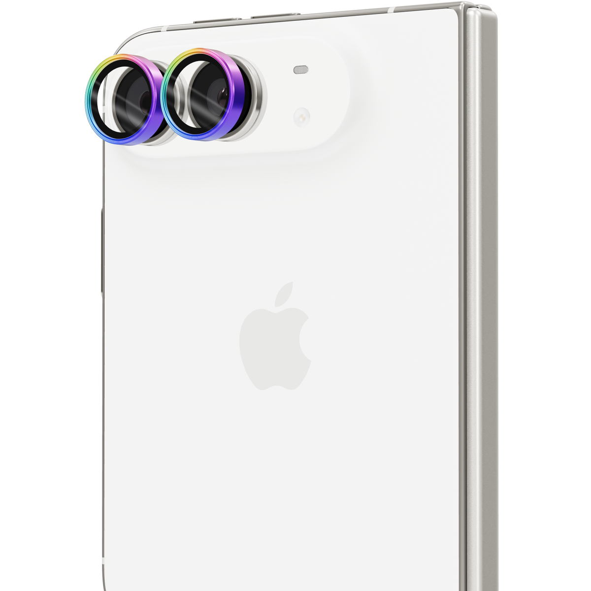 Colorful rainbow iridescent aviation aluminium tempered glass camera lens protector rings for iPhone Duo, shown floating straight out from the iPhone Duo camera lenses