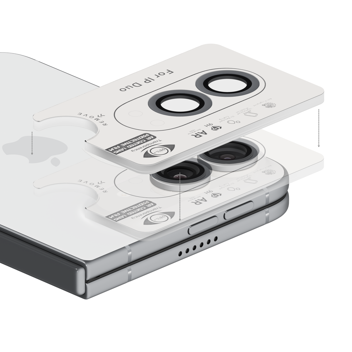 Black aviation aluminium camera lens protector for iPhone Duo in its install frame, floating above the iPhone Duo camera so each ring lines up with its lens