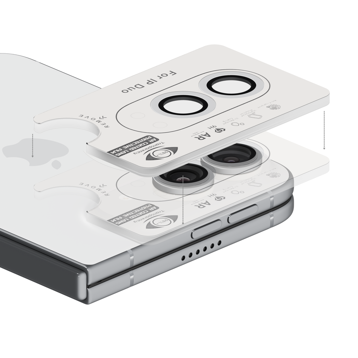 Silver aviation aluminium camera lens protector for iPhone Duo in its install frame, floating above the iPhone Duo camera so each ring lines up with its lens