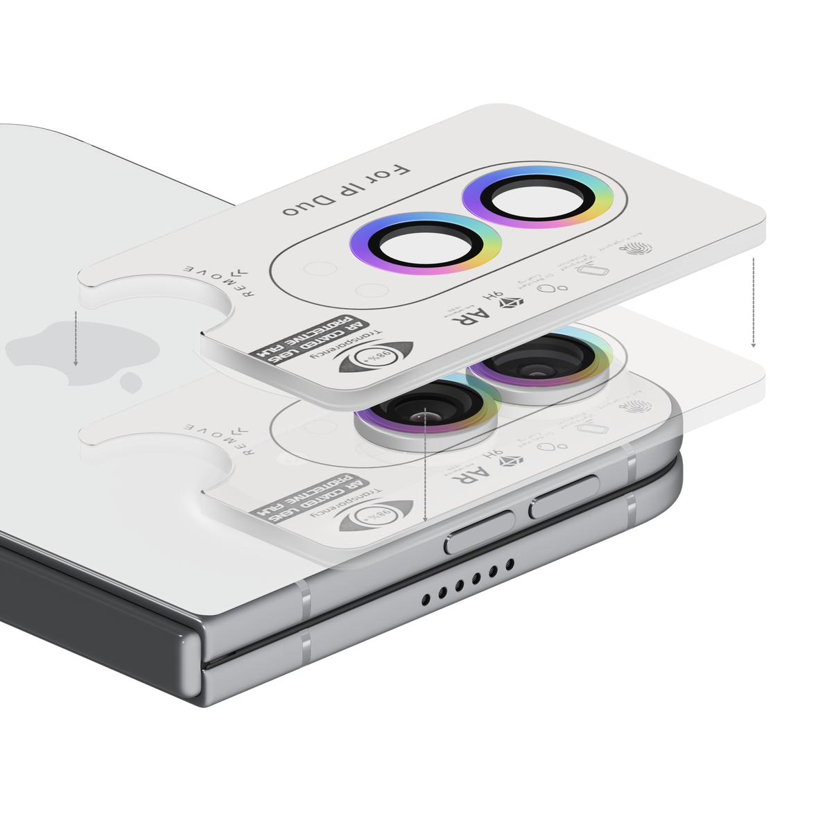 Colorful rainbow iridescent aviation aluminium camera lens protector for iPhone Duo in its install frame, floating above the iPhone Duo camera so each ring lines up with its lens