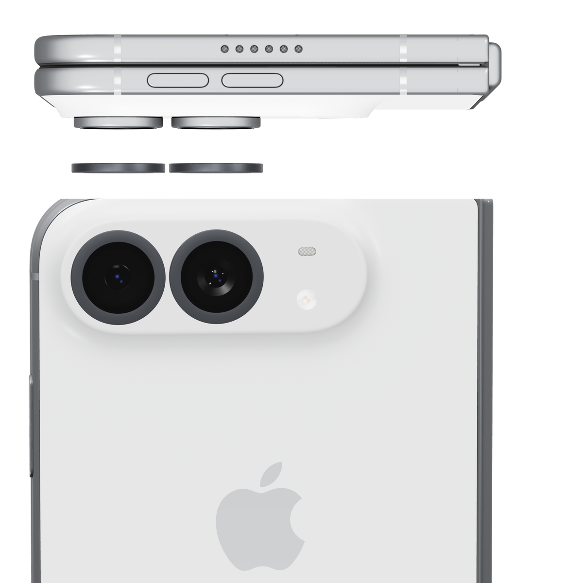Black individual camera lens covers for iPhone Duo: side view of the rings lifting off each lens and back view with a cover fitted over every camera lens