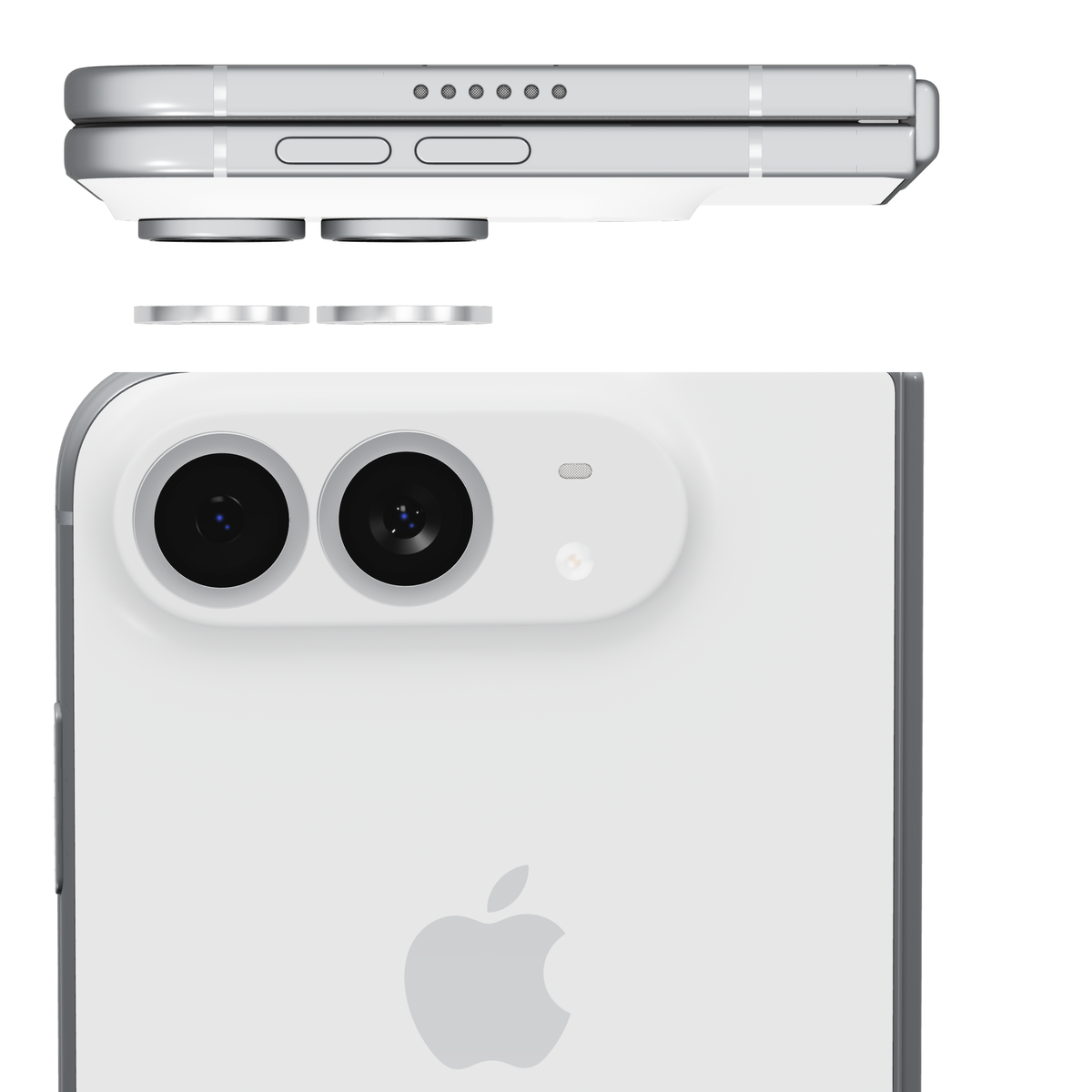 Silver individual camera lens covers for iPhone Duo: side view of the rings lifting off each lens and back view with a cover fitted over every camera lens