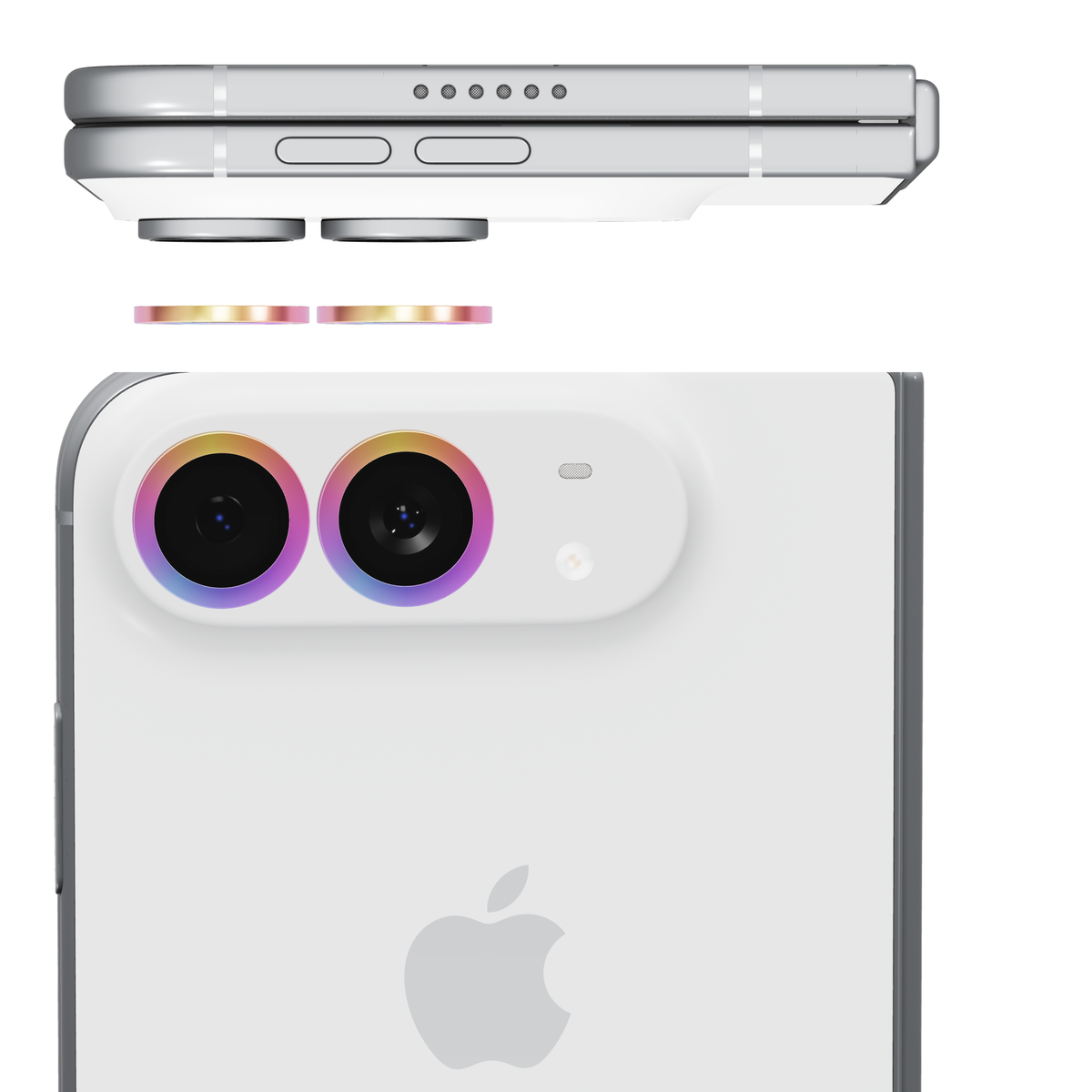 Colourful individual camera lens covers for iPhone Duo: side view of the rings lifting off each lens and back view with a cover fitted over every camera lens