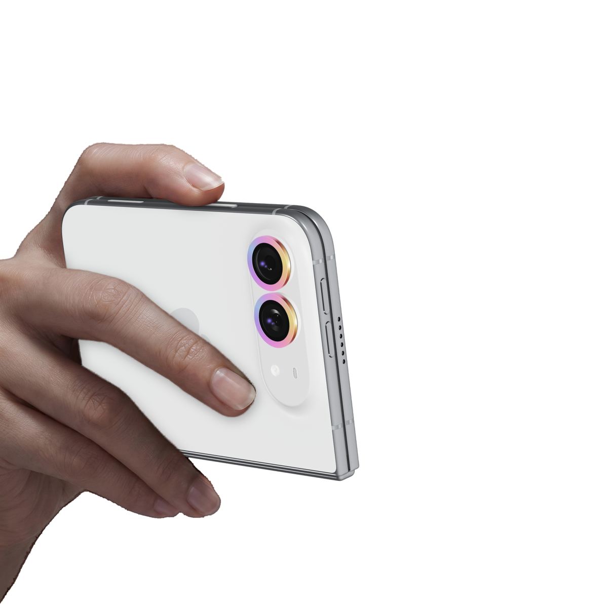 Colourful aluminium camera lens protector rings fitted on every iPhone Duo camera lens, with the phone held in hand