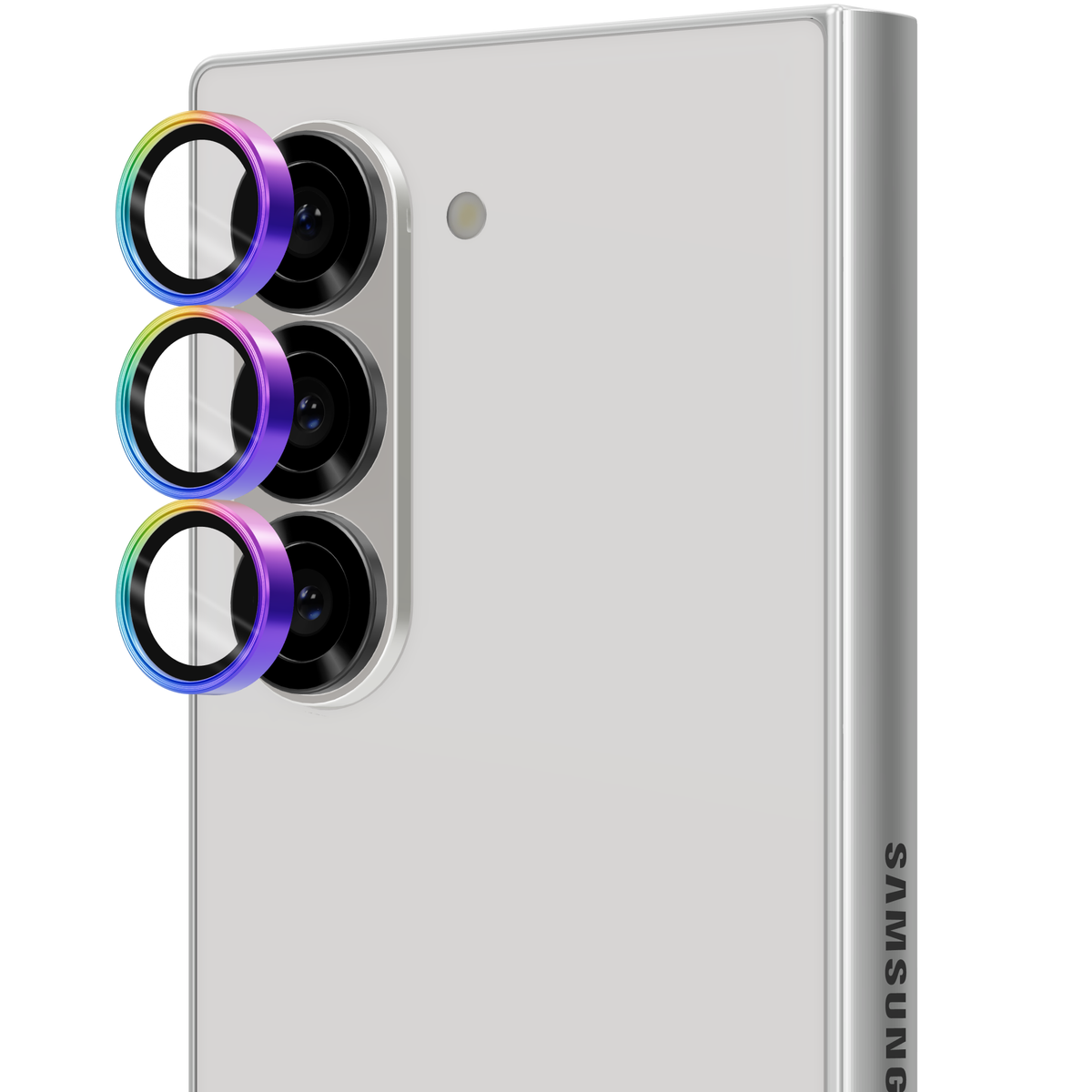 Colorful rainbow iridescent aviation aluminium tempered glass camera lens protector rings for Galaxy Z Fold 6, shown floating straight out from the Galaxy Z Fold6 camera lenses