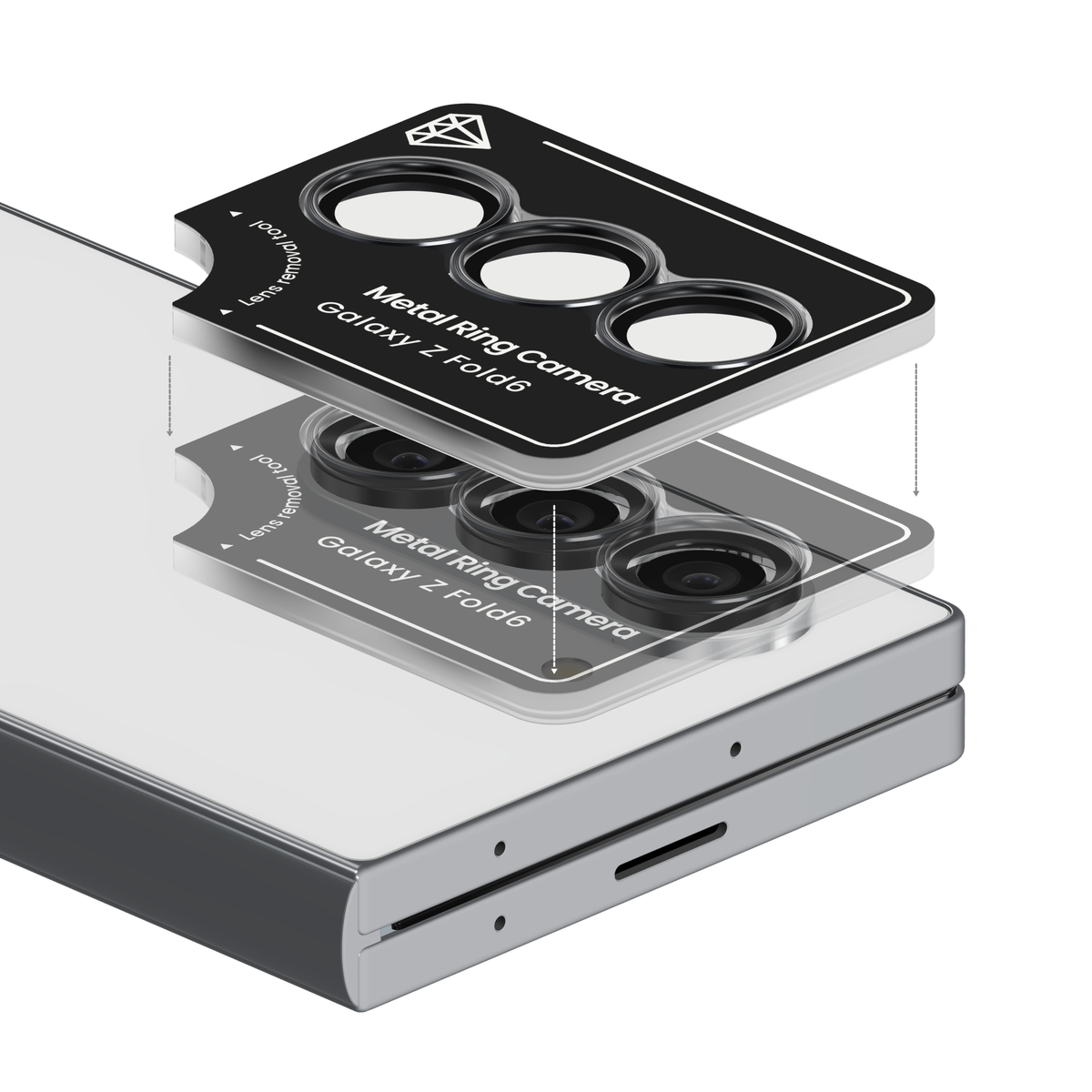 Black aviation aluminium camera lens protector for Galaxy Z Fold 6 in its install frame, floating above the Galaxy Z Fold6 camera so each ring lines up with its lens