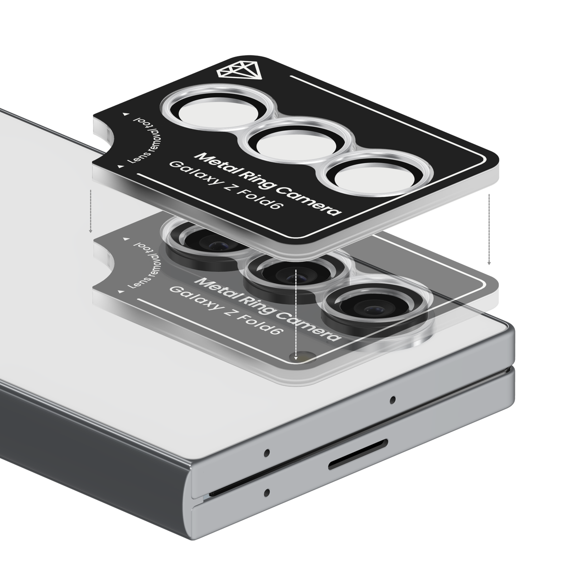 Silver aviation aluminium camera lens protector for Galaxy Z Fold 6 in its install frame, floating above the Galaxy Z Fold6 camera so each ring lines up with its lens