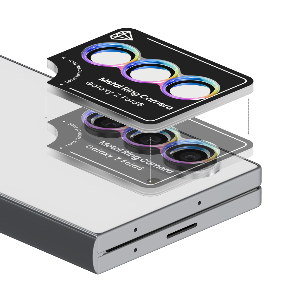 Colorful rainbow iridescent aviation aluminium camera lens protector for Galaxy Z Fold 6 in its install frame, floating above the Galaxy Z Fold6 camera so each ring lines up with its lens