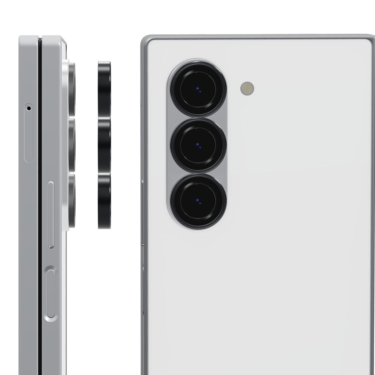 Black individual camera lens covers for Galaxy Z Fold 6: side view of the rings lifting off each lens and back view with a cover fitted over every camera lens