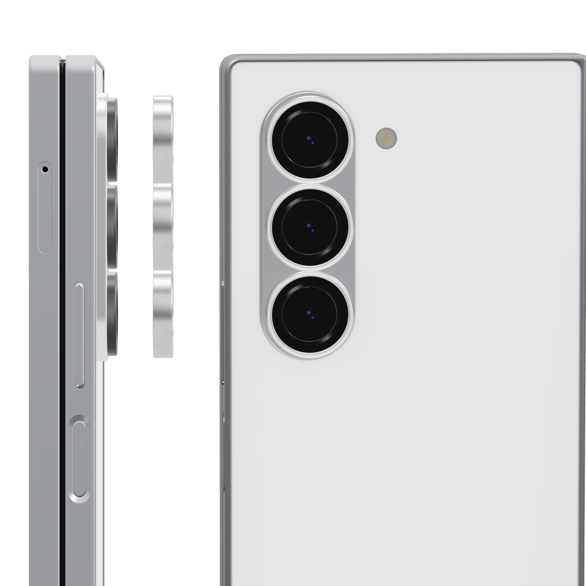 Silver individual camera lens covers for Galaxy Z Fold 6: side view of the rings lifting off each lens and back view with a cover fitted over every camera lens