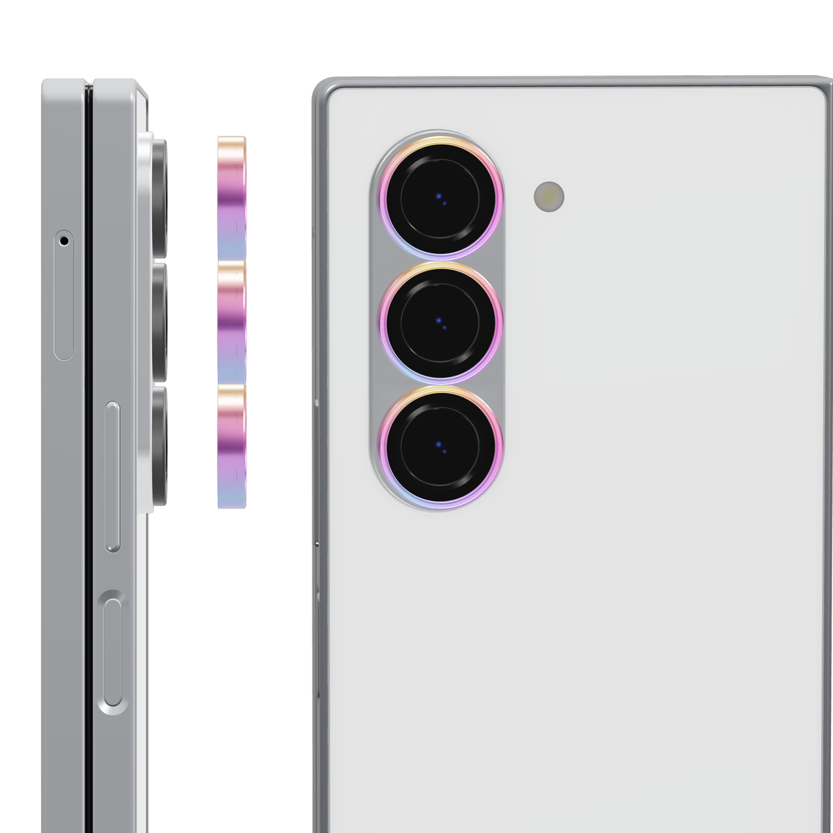 Colourful individual camera lens covers for Galaxy Z Fold 6: side view of the rings lifting off each lens and back view with a cover fitted over every camera lens