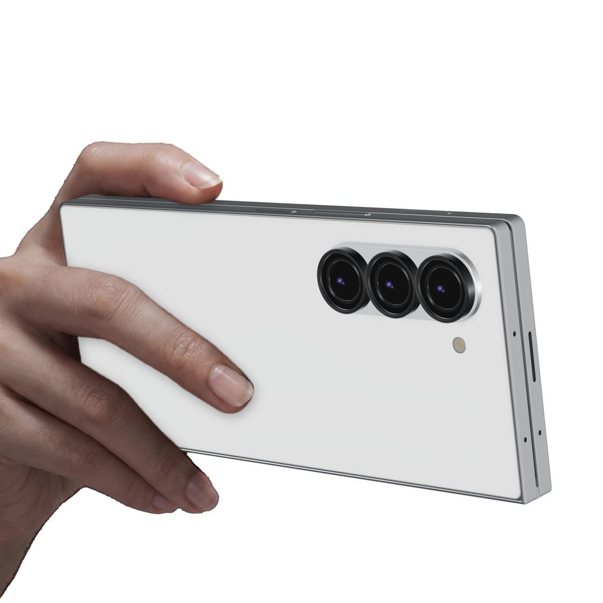 Black aluminium camera lens protector rings fitted on every Galaxy Z Fold 6 camera lens, with the phone held in hand