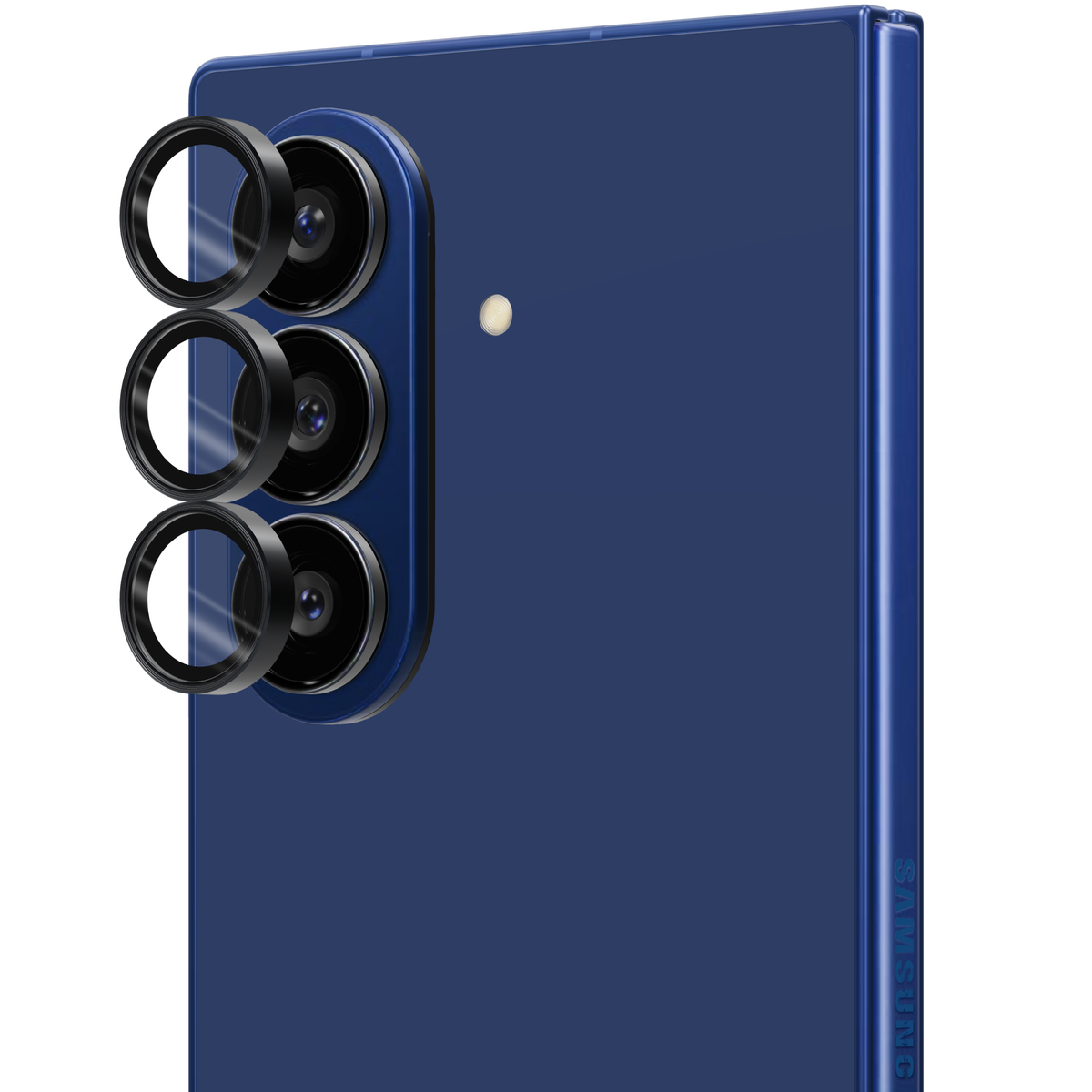 Black aviation aluminium tempered glass camera lens protector rings for Galaxy Z Fold 7, shown floating straight out from the Galaxy Z Fold7 camera lenses